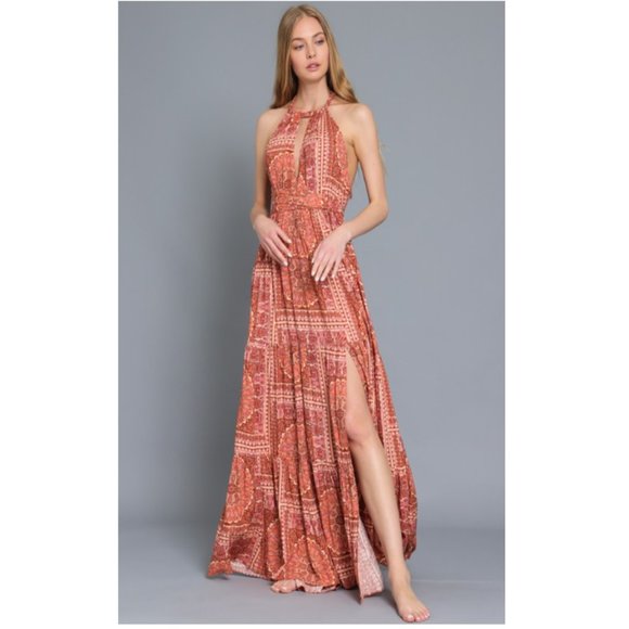 Aakaa Brick Twist Tie Back Tiered Bohemian Maxi Dress DA28082Y - Picture 5 of 12